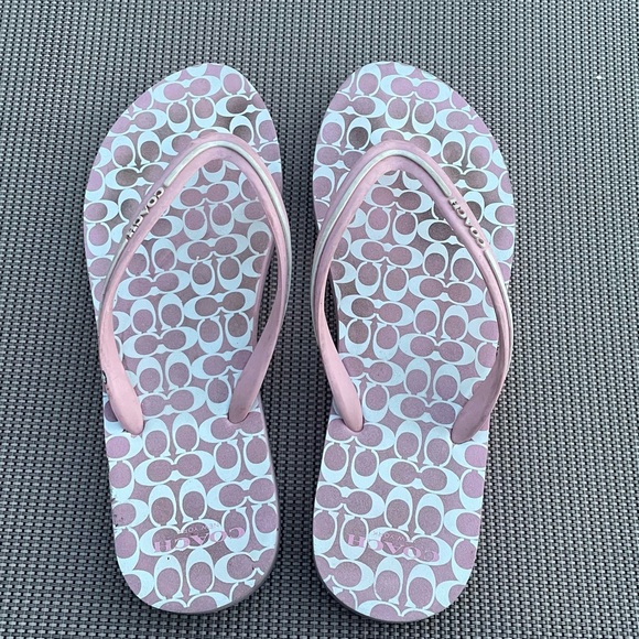 Coach Shoes - Coach signature flip flops pink white size 9